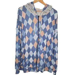 Blumin Womens Argyle Metallic Polka Dot Contrast Double Hood Full Zip Jacket 1XL